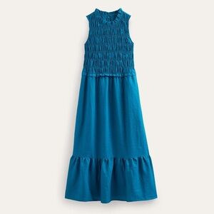 BODEN 100% LINEN MIDI DRESS SIZE 4 AQUA RUFFLED CREWNECK SMOCKED TOP RUFFLED HEM